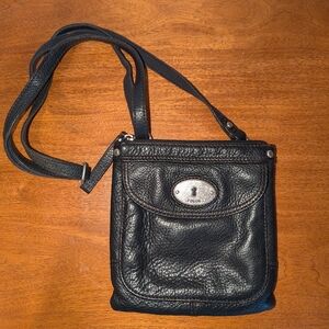Fossil Black Leather Keyhole Logo Crossbody
